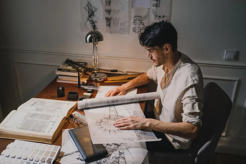 A designer working through the drawings