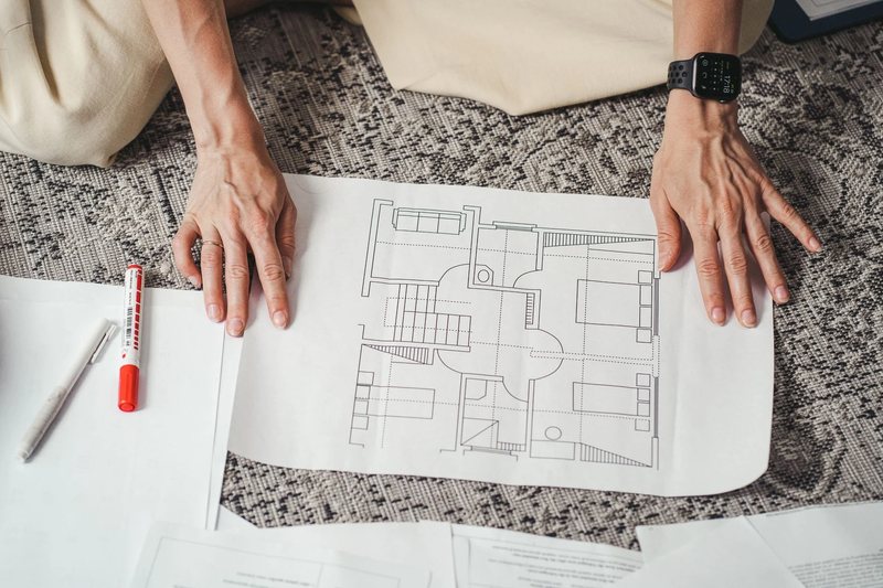 Hands on a room plan beside a pencil