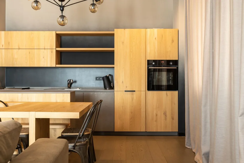 A warm oak kitchen in daylight